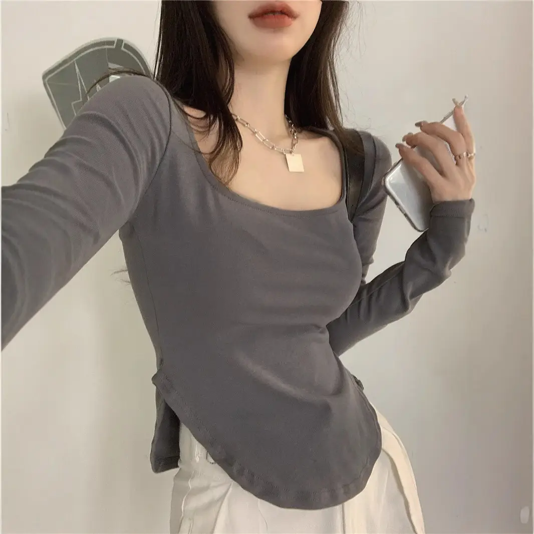 Women's U-Neck Long Sleeve T-Shirt Brown
