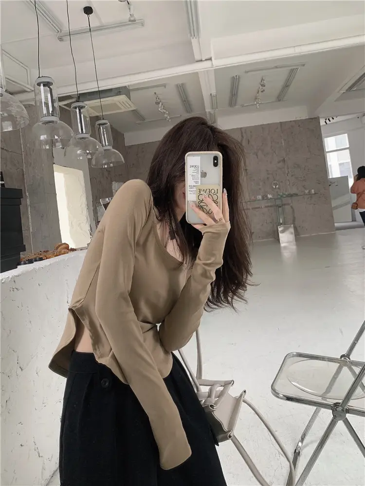 Women's U-Neck Long Sleeve T-Shirt Brown — feature 10