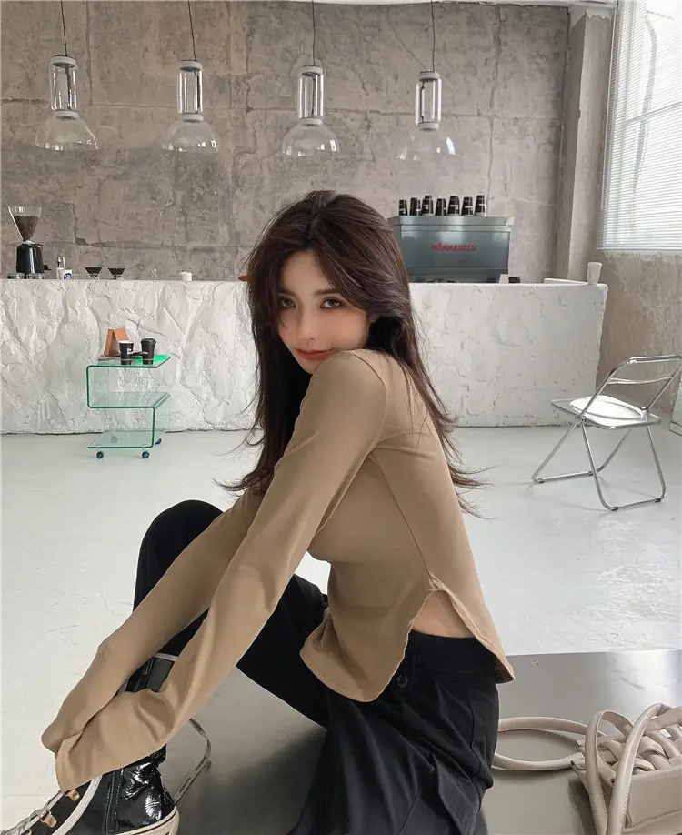 Women's U-Neck Long Sleeve T-Shirt Brown — feature 11