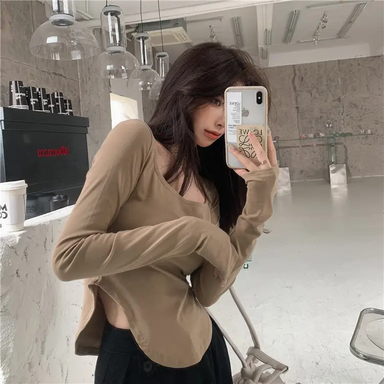 Women's U-Neck Long Sleeve T-Shirt Brown — feature 12