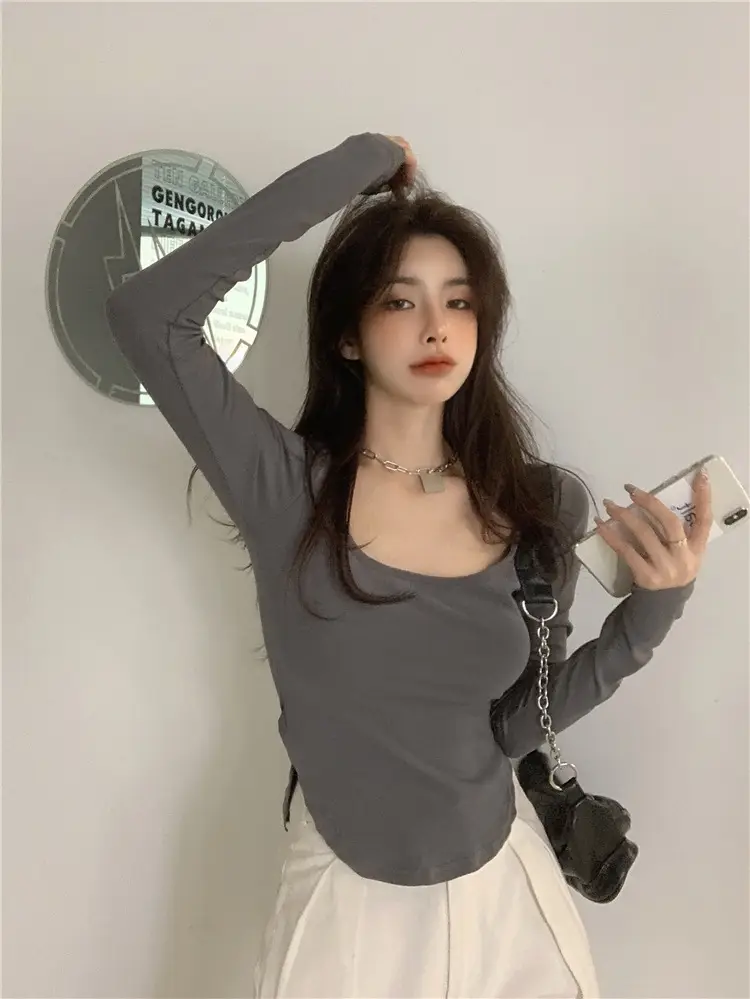 Women's U-Neck Long Sleeve T-Shirt Brown — feature 13