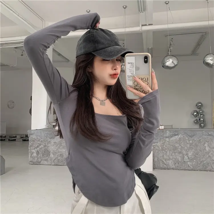 Women's U-Neck Long Sleeve T-Shirt Brown — feature 14