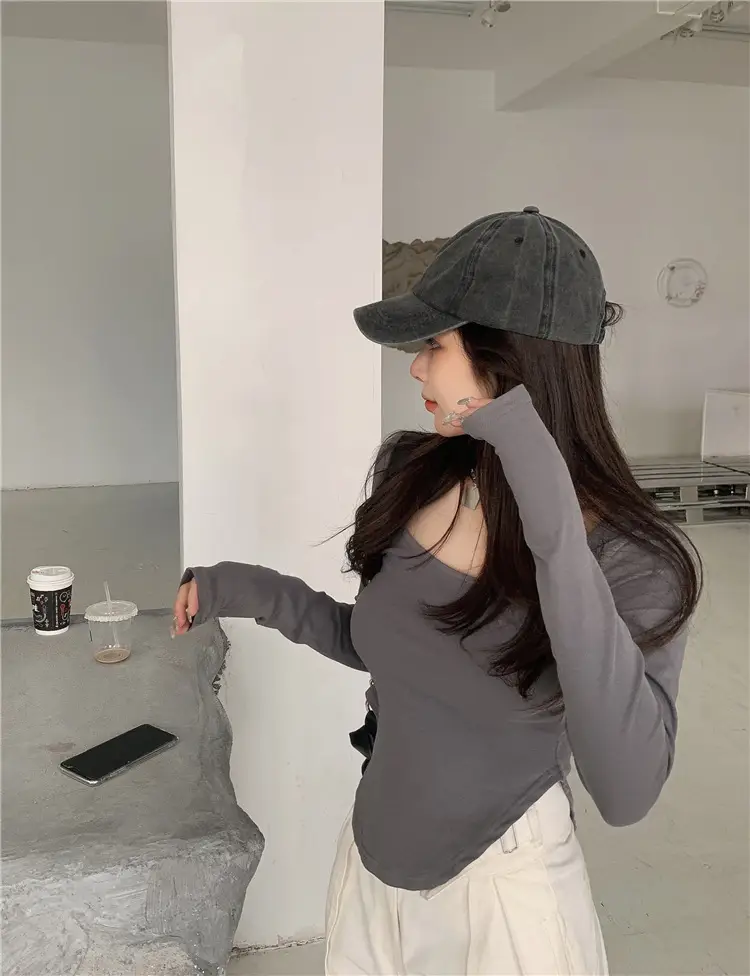 Women's U-Neck Long Sleeve T-Shirt Brown — feature 19