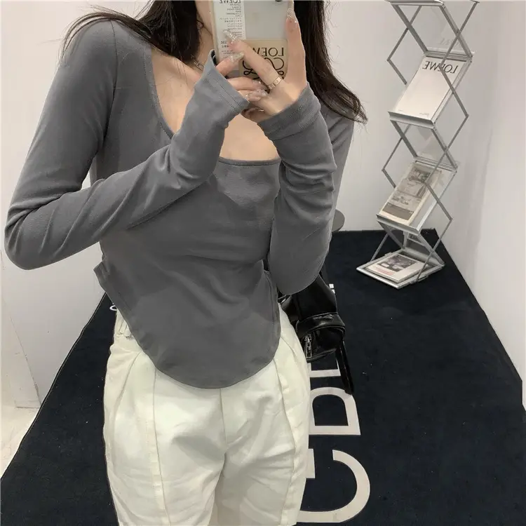 Women's U-Neck Long Sleeve T-Shirt Brown — feature 24