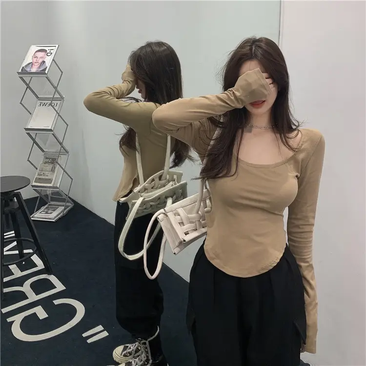Women's U-Neck Long Sleeve T-Shirt Brown — feature 8