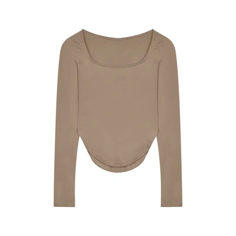 Women's U-Neck Long Sleeve T-Shirt Brown