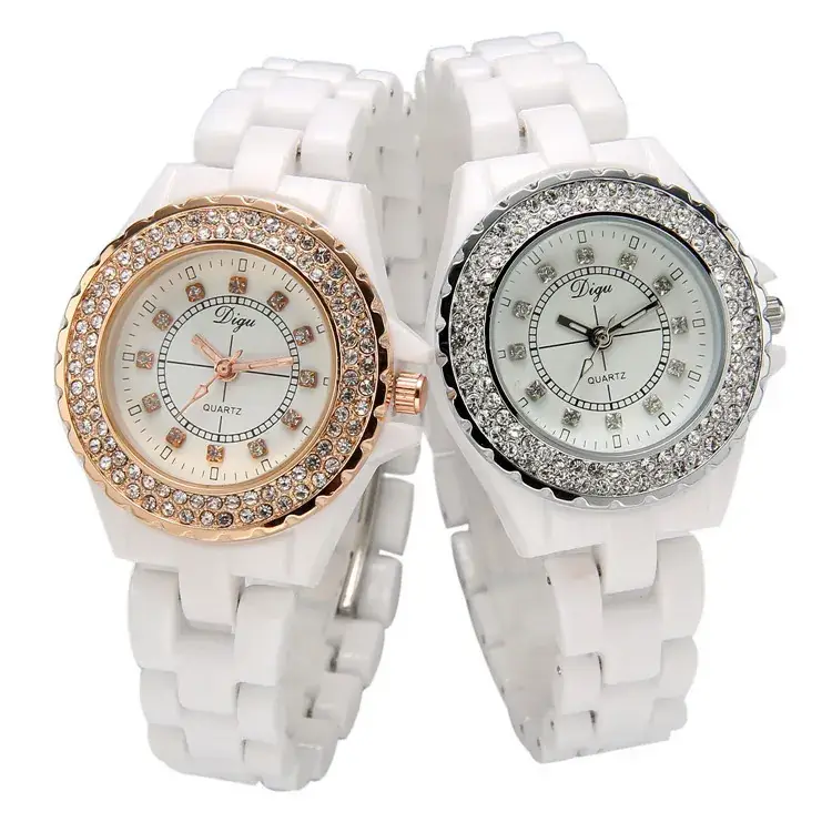 White Ceramic Women's Quartz Watch with Crystal Ring - Image 3