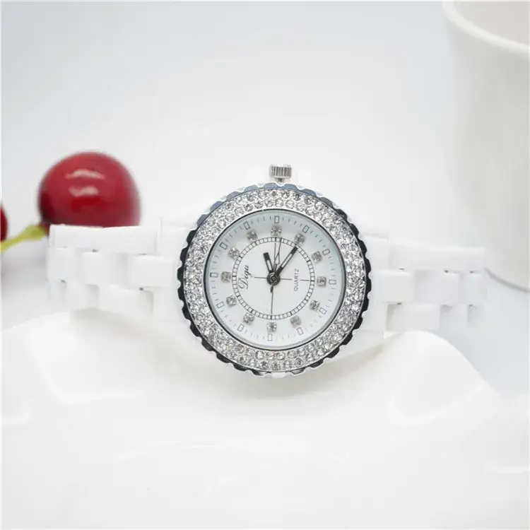 White Ceramic Women's Quartz Watch with Crystal Ring - Image 4