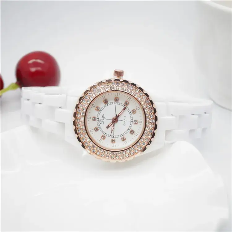 White Ceramic Women's Quartz Watch with Crystal Ring - Image 5
