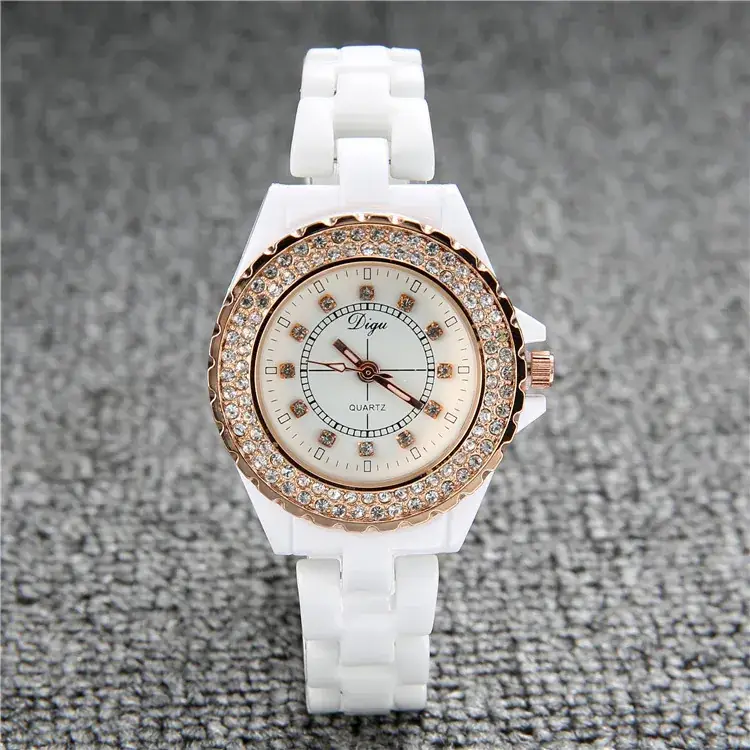White Ceramic Women's Quartz Watch with Crystal Ring - Image 2