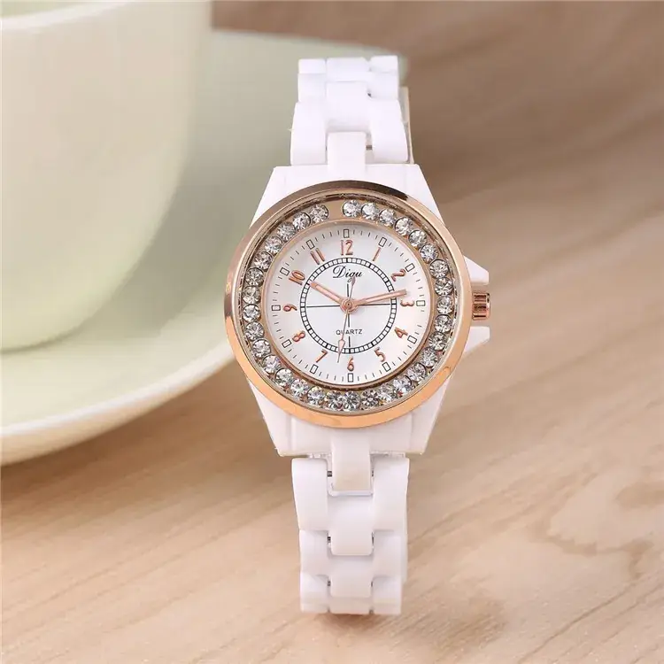Classic White Ceramic Women's Quartz Watch with Crystal Dial - Image 2