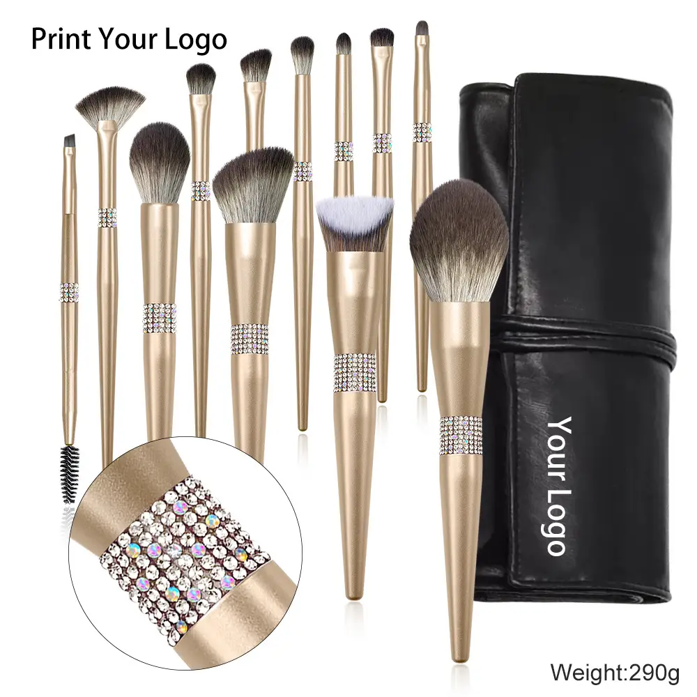 12 Champagne Gold Makeup Brushes Set for Women - Image 2