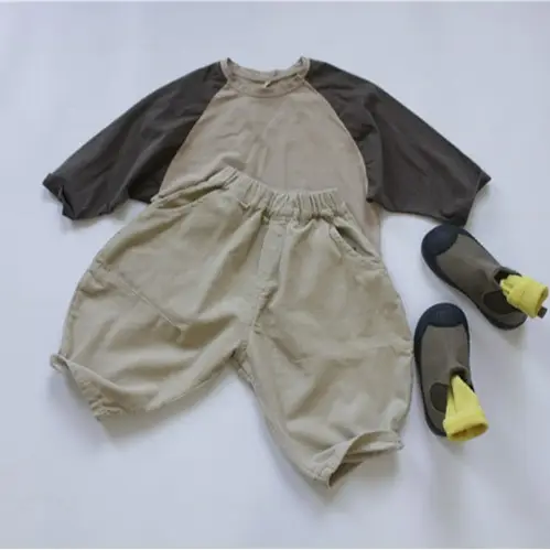 Spring Girls Korean Style Loose T-Shirt Pants Set Brown Cream - Image 6