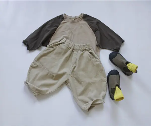 Spring Girls Korean Style Loose T-Shirt Pants Set Brown Cream - Image 2