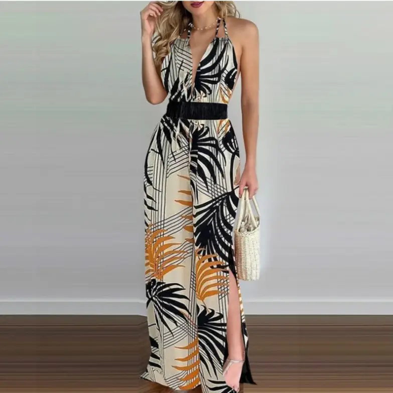 Blue Digital Print Long Sleeve Dress with Straw Bag - Image 8