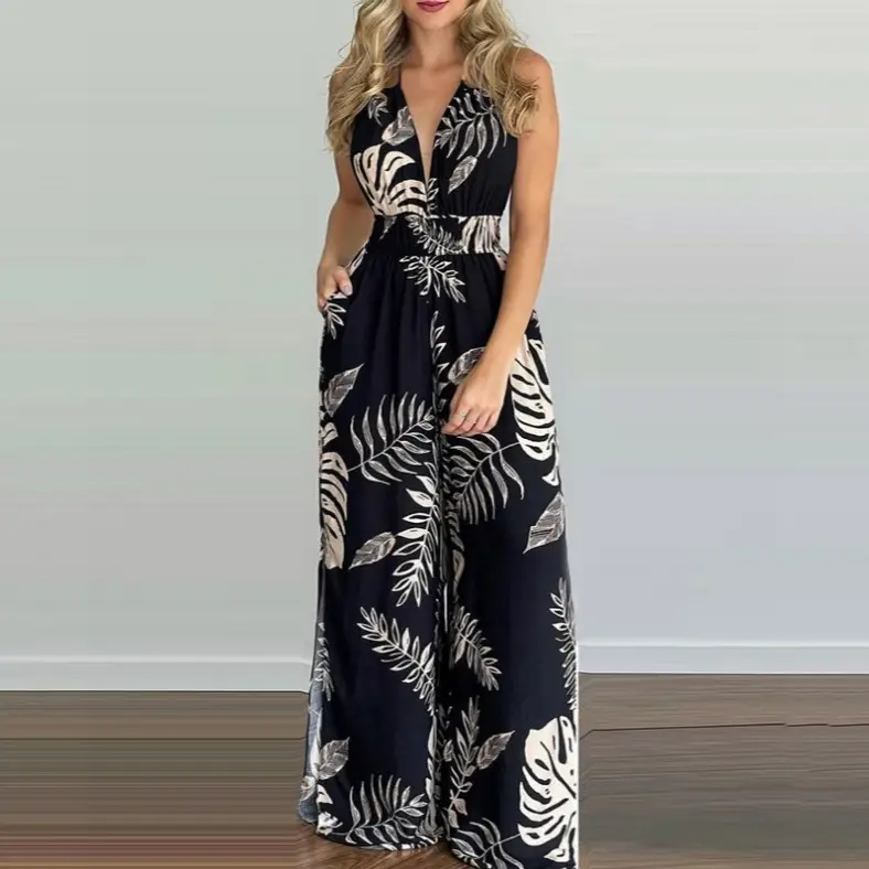 Blue Digital Print Long Sleeve Dress with Straw Bag - Image 9