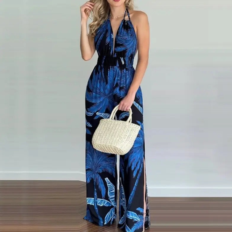 Blue Digital Print Long Sleeve Dress with Straw Bag - Image 10