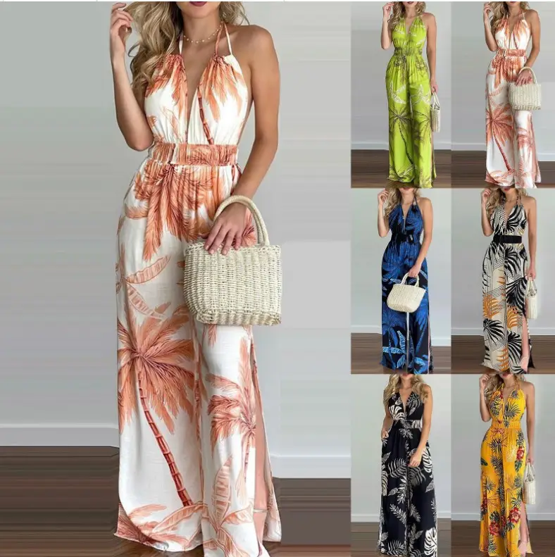Blue Digital Print Long Sleeve Dress with Straw Bag — feature 2