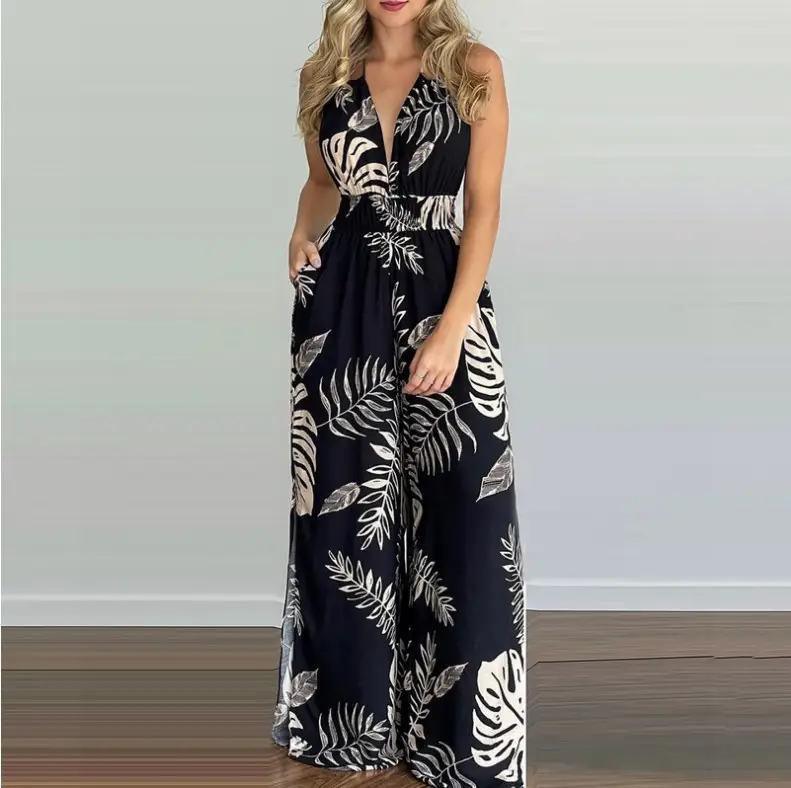 Blue Digital Print Long Sleeve Dress with Straw Bag — feature 4
