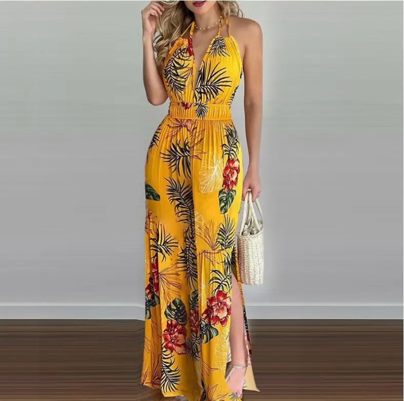 Blue Digital Print Long Sleeve Dress with Straw Bag - Image 2