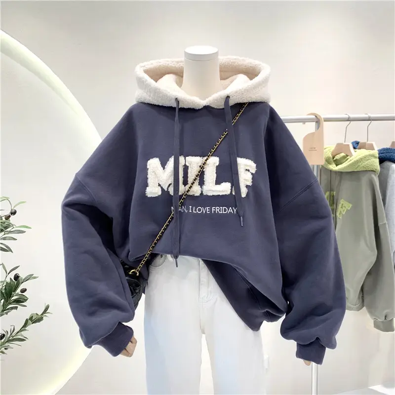 Women Crossbody Sweatshirt Jacket Grey Blue Letter Embroidered - Image 8