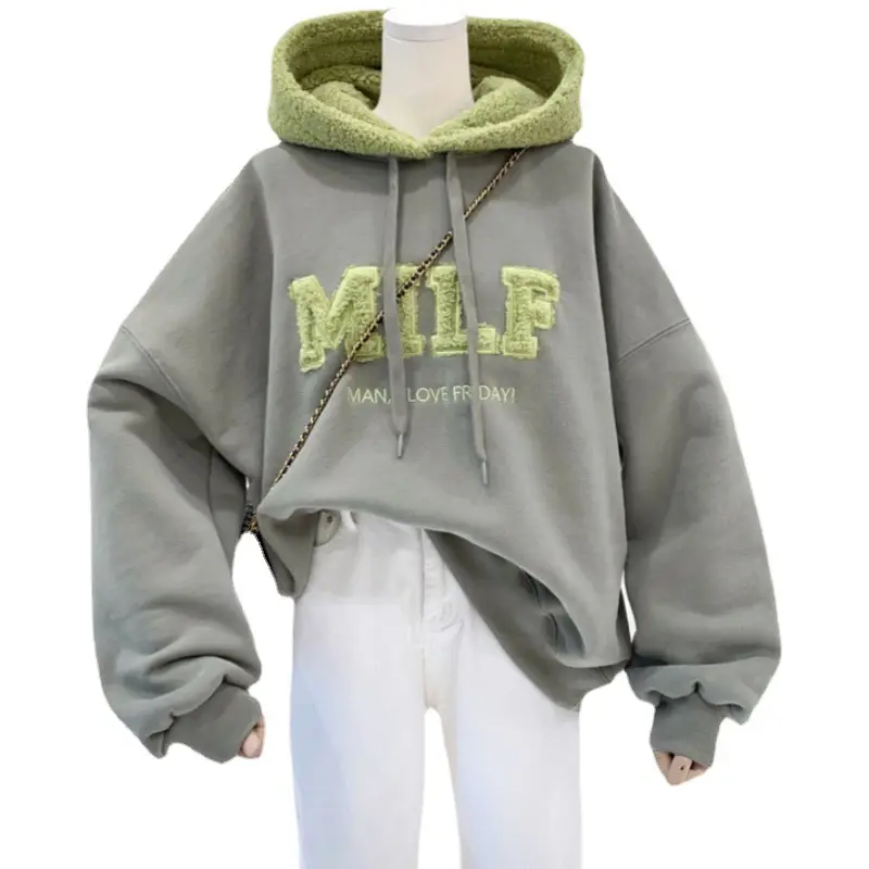 Women Crossbody Sweatshirt Jacket Grey Blue Letter Embroidered - Image 9