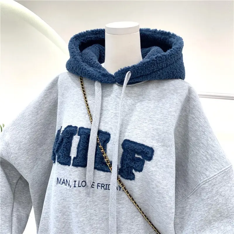 Women Crossbody Sweatshirt Jacket Grey Blue Letter Embroidered — feature 15