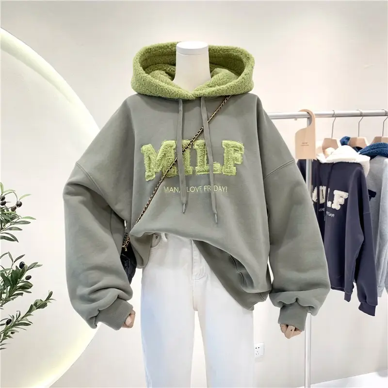 Women Crossbody Sweatshirt Jacket Grey Blue Letter Embroidered — feature 7
