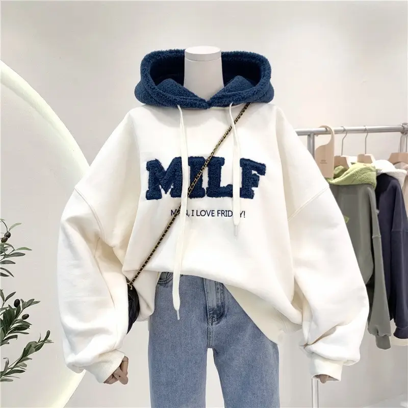 Women Crossbody Sweatshirt Jacket Grey Blue Letter Embroidered - Image 2