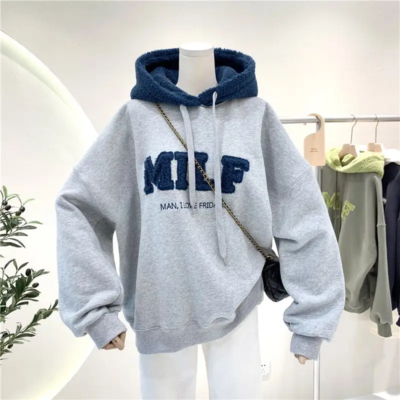 Women Crossbody Sweatshirt Jacket Grey Blue Letter Embroidered - Image 4
