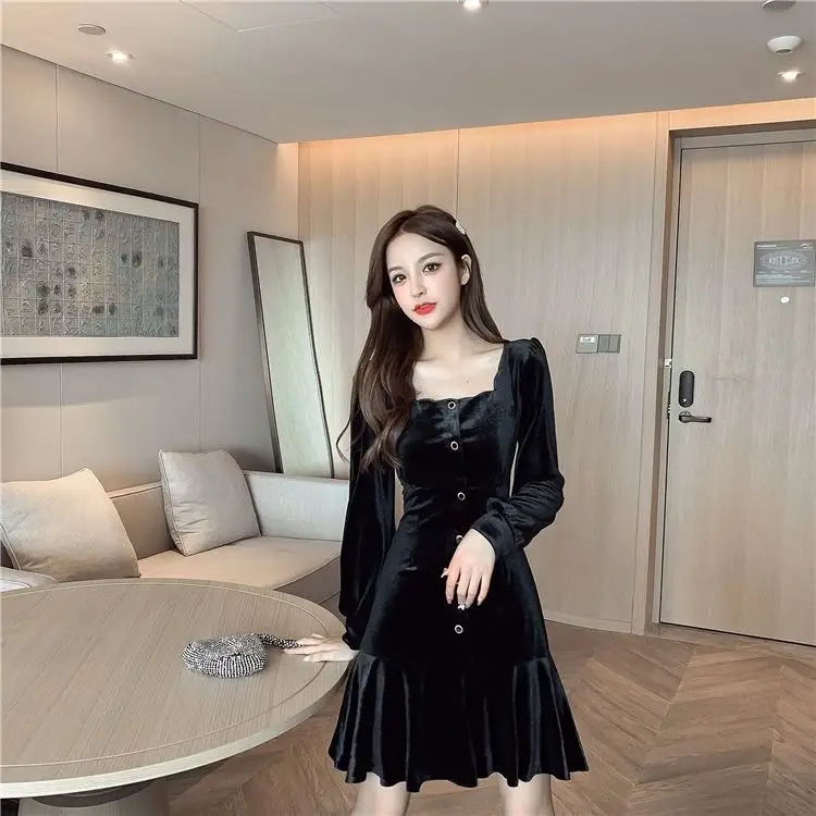 Black Velvet Square Collar Dress for Women 2024 — feature 10