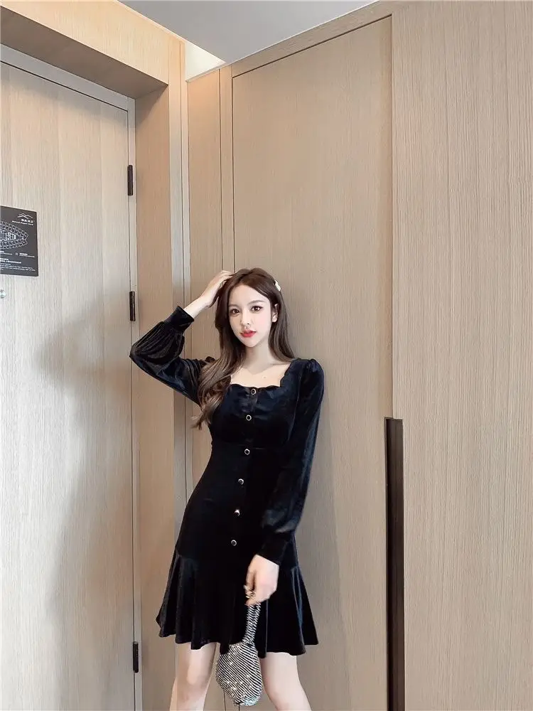 Black Velvet Square Collar Dress for Women 2024 — feature 12
