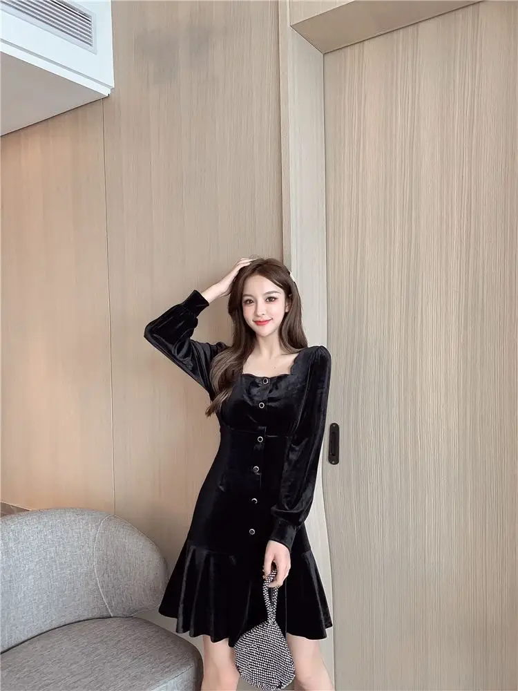 Black Velvet Square Collar Dress for Women 2024 — feature 13