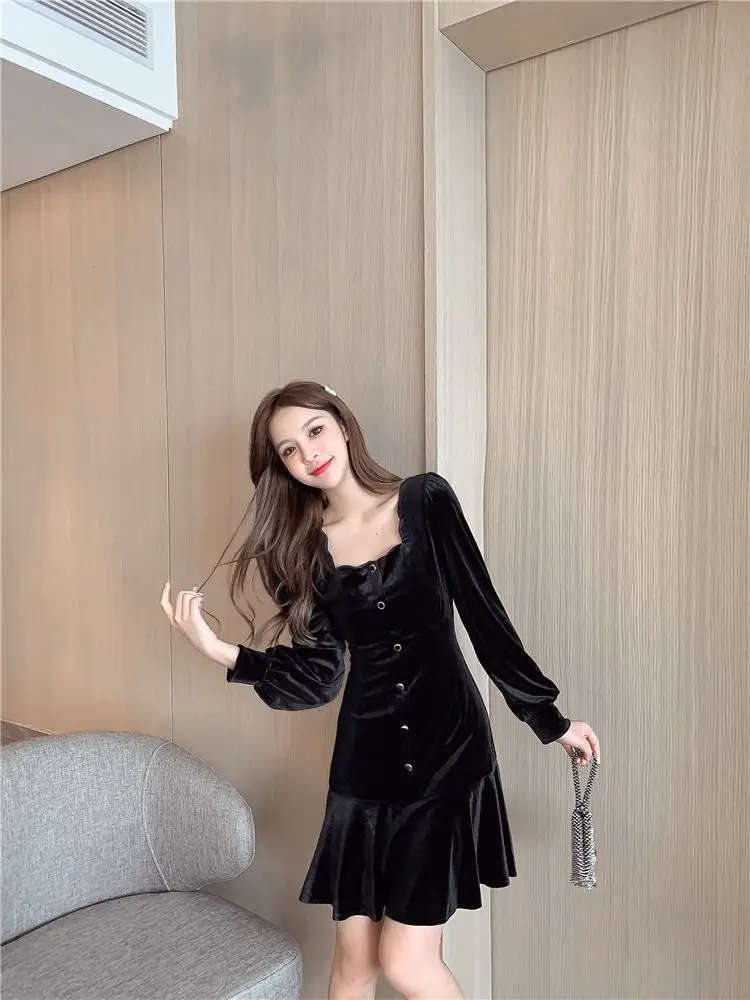 Black Velvet Square Collar Dress for Women 2024 — feature 14