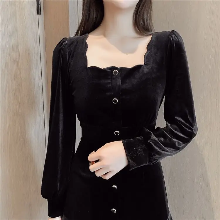 Black Velvet Square Collar Dress for Women 2024 — feature 5