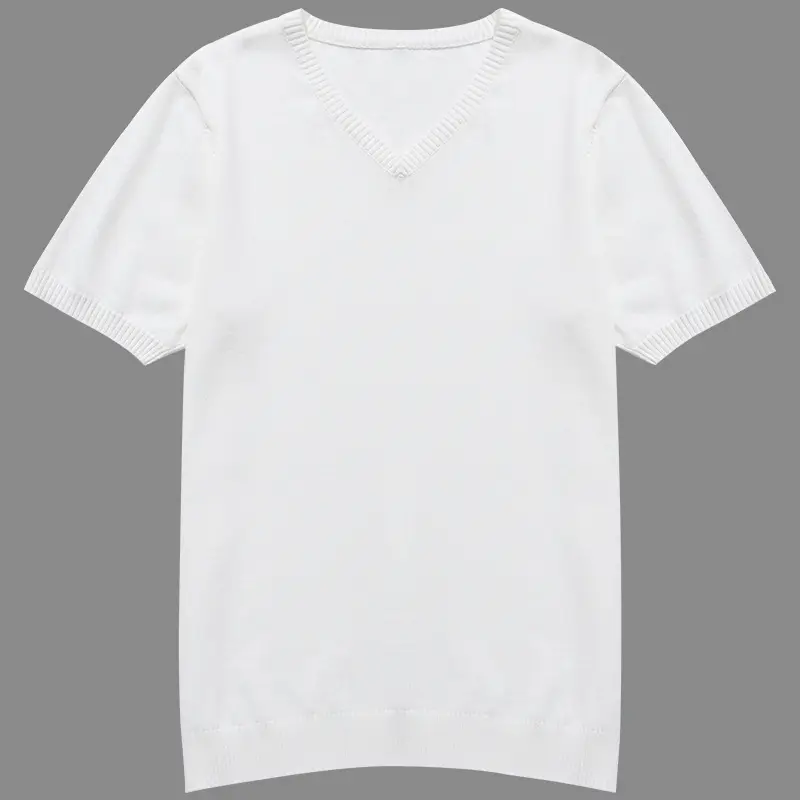 Men V-Neck Knitted T-Shirt Cream Winter Half Sleeve