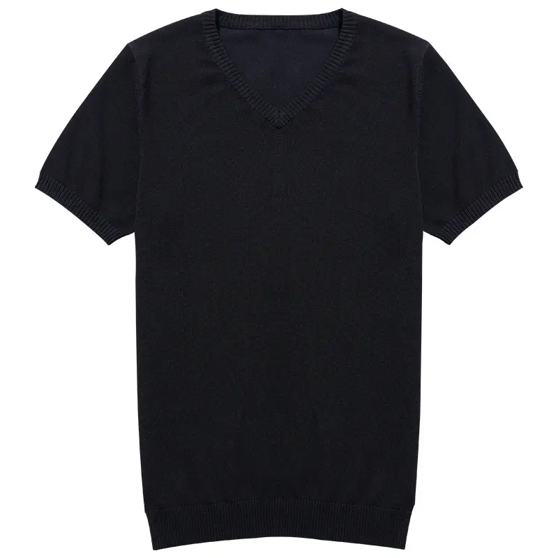 Men V-Neck Knitted T-Shirt Cream Winter Half Sleeve