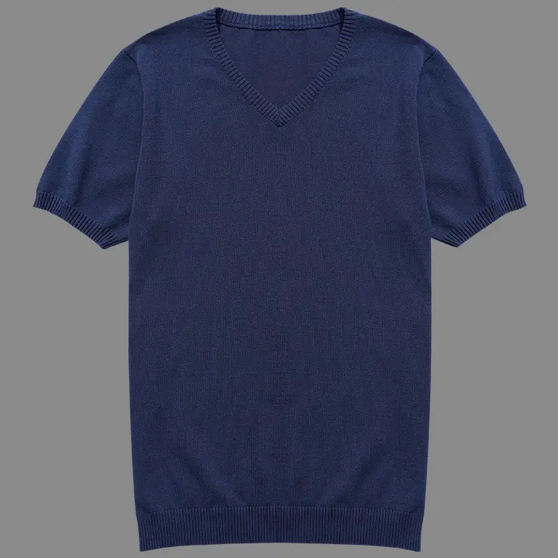 Men V-Neck Knitted T-Shirt Cream Winter Half Sleeve