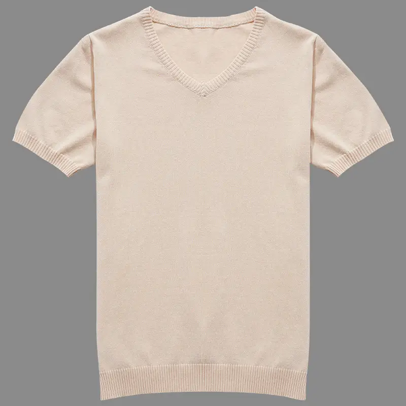 Men V-Neck Knitted T-Shirt Cream Winter Half Sleeve
