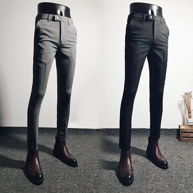 Men Black Slim Fit Stretch Ankle Pants Business Casual