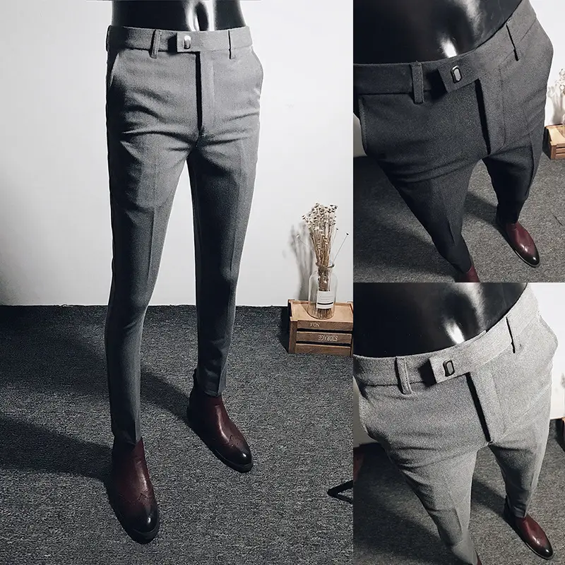 Men Black Slim Fit Stretch Ankle Pants Business Casual