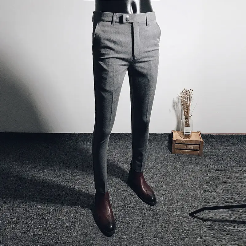 Men Black Slim Fit Stretch Ankle Pants Business Casual