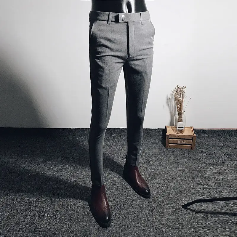 Men Black Slim Fit Stretch Ankle Pants Business Casual