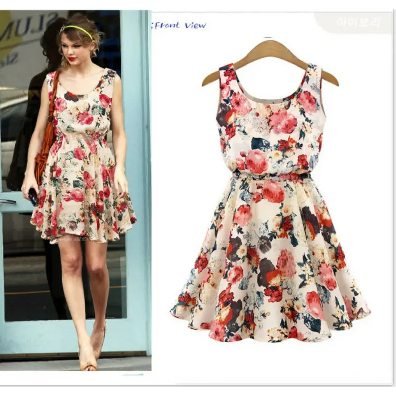 Women's Chiffon Floral Sleeveless Dress Large Mid Length