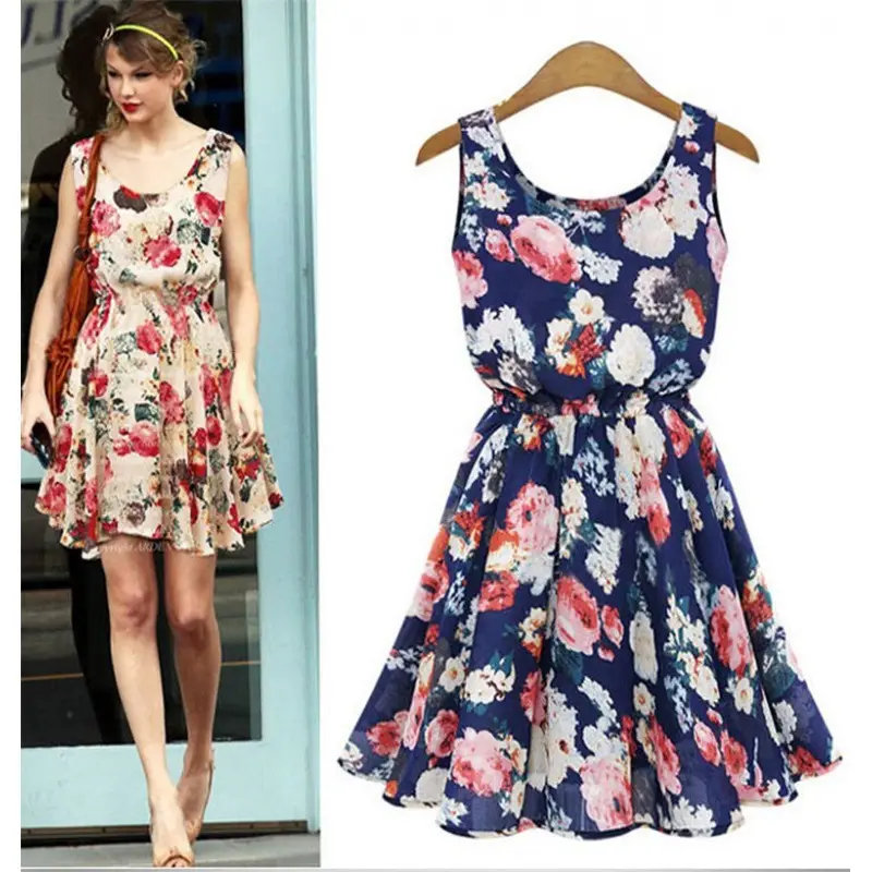 Women's Chiffon Floral Sleeveless Dress Large Mid Length