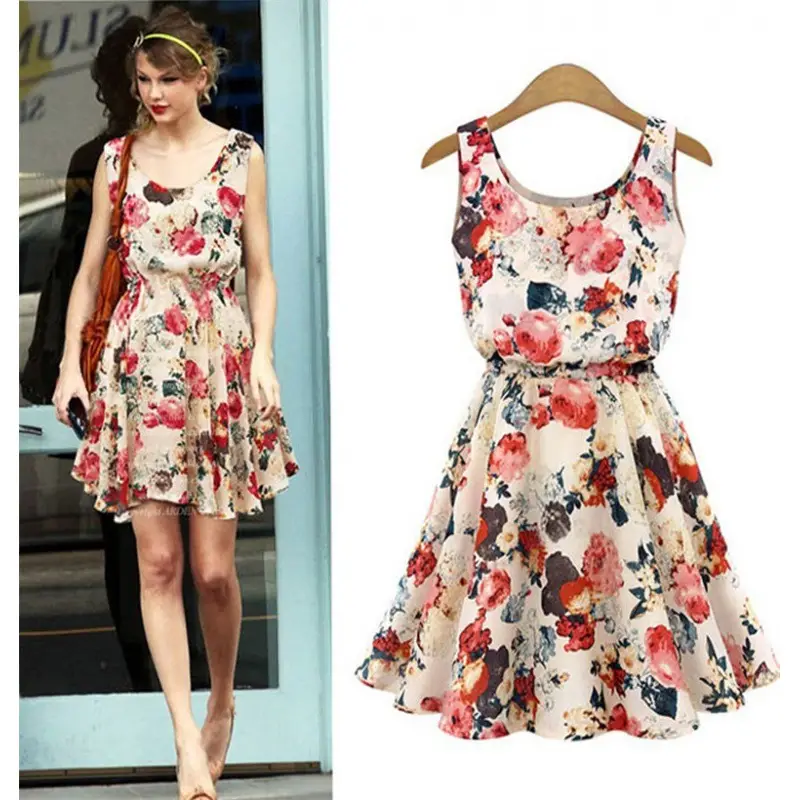 Women's Chiffon Floral Sleeveless Dress Large Mid Length