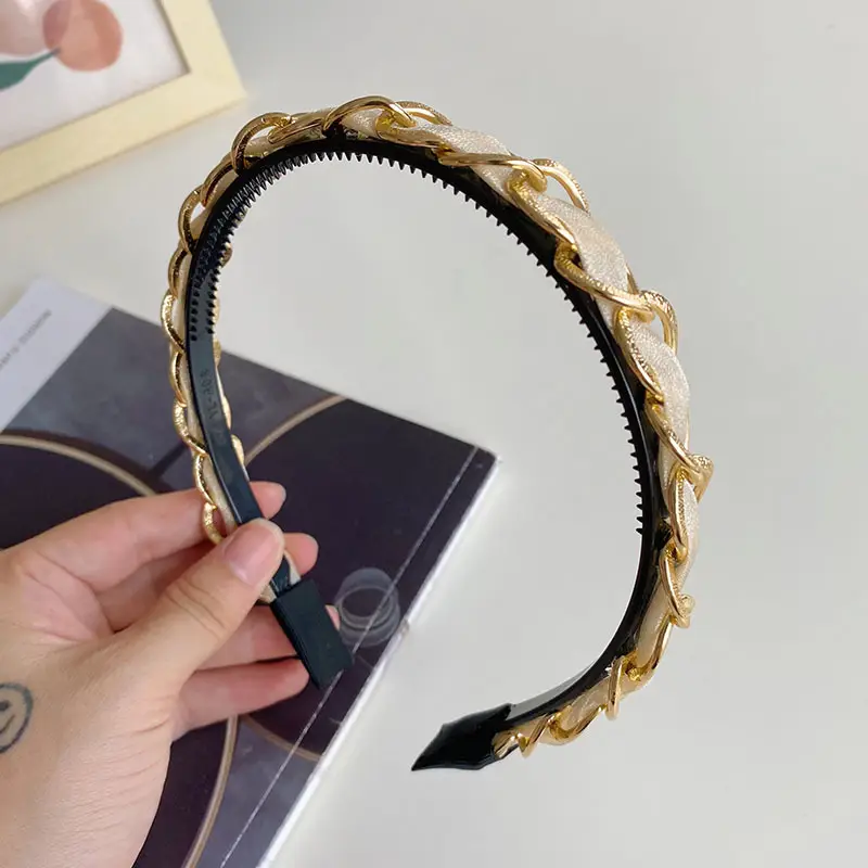 Korean Style Hair Hoop with Gold Chain & Black Braided Edge - Image 2