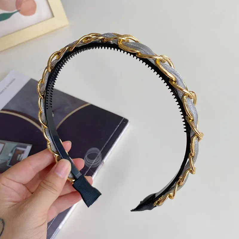 Korean Style Hair Hoop with Gold Chain & Black Braided Edge - Image 3