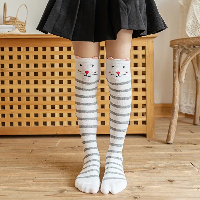 New Fox Rabbit High Tube Knee Socks Cotton Pink Striped - Image 5