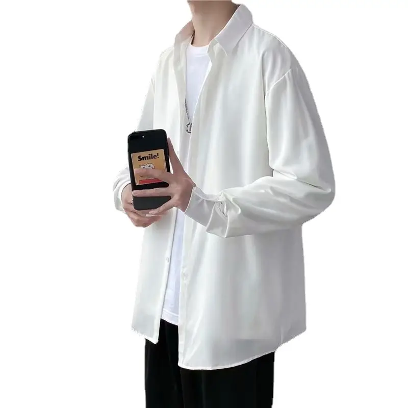 Men's Draped Ice Silk Shirt Grey Long Sleeve